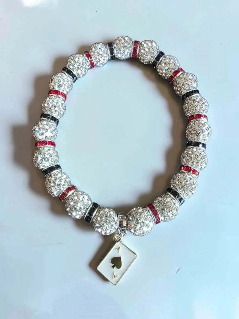 Ace of Spades Playing Card Pavé Crystal Beaded Stretch Bracelet